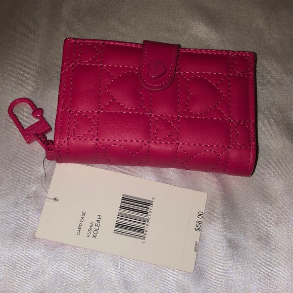 Betsey Johnson Fushia Faux Leather Card Case Wallet & Key Ring Quilted Heart NWT - Picture 4 of 16